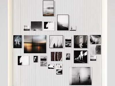 Black and White Photo Wall With Different Size Frames And Scenery People 3d model