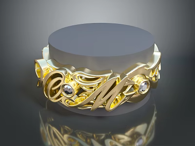 Elegant Gold Ring With Decorative Patterns And Shiny Diamonds For Fashion Accessory 3d model