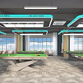 Shopping Mall Store With Multiple Pool Tables Bright Interior Blue Light Strips And Large Windows