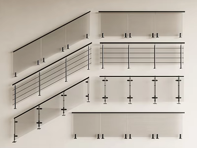 Modern Railing Designs With Glass Panels And Metal Frames For Stairs And Balconies 3d model