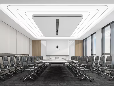 Modern Conference Room Interior With Long Table Office Chairs Projection Screen And Large Windows 3d model