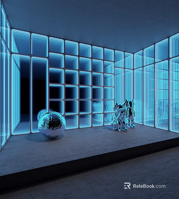 Decorative Lights With Illuminated Grid Panels And Silver Spherical Decor In Modern Exhibition Space 3d model 