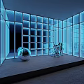 Decorative Lights With Illuminated Grid Panels And Silver Spherical Decor In Modern Exhibition Space
