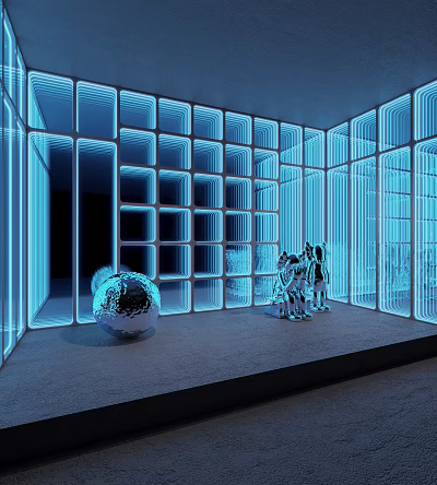 Decorative Lights With Illuminated Grid Panels And Silver Spherical Decor In Modern Exhibition Space 3d model