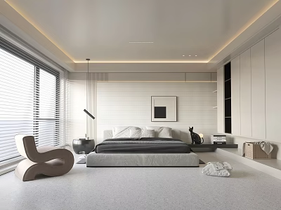 Modern Bedroom Interior Design With Platform Bed Large Window Blinds And Accent Chair 3d model