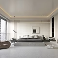 Modern Bedroom Interior Design With Platform Bed Large Window Blinds And Accent Chair