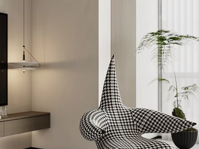 Modern Black And White Houndstooth Accent Chair In Living Room With Green Plant And Window 3d model