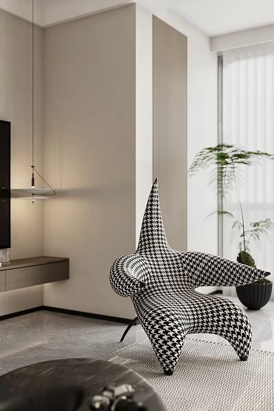 Modern Black And White Houndstooth Accent Chair In Living Room With Green Plant And Window 3d model