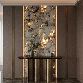 Elegant Modern Entryway Hallway Interior With Decorative Marble Screen Golden Glow And Black Console Table