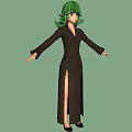 3D Green Haired Character In Black Slit Dress With Arms Outstretched On Green Background