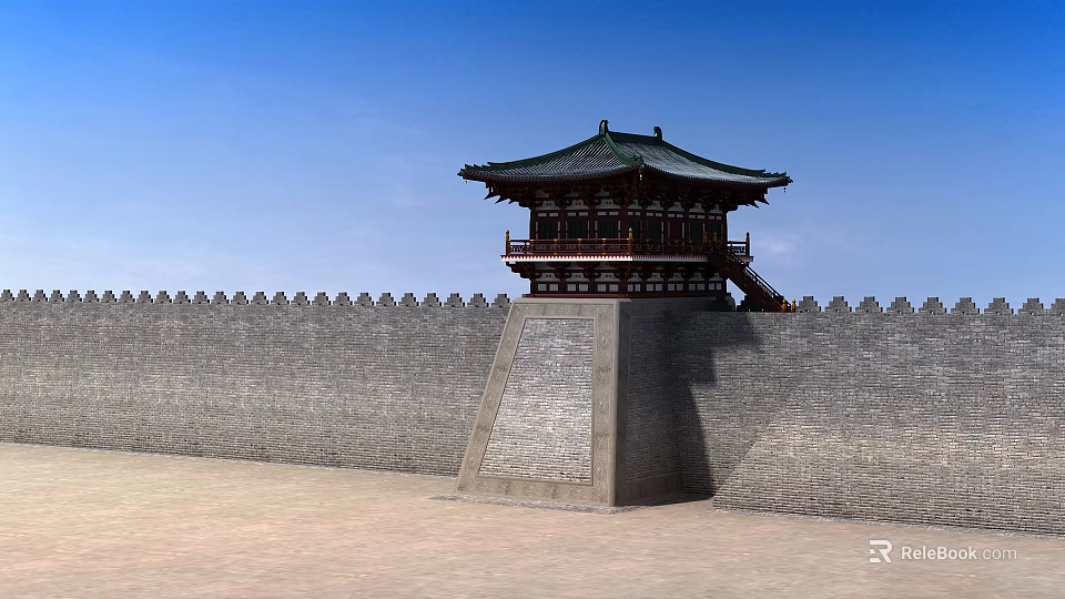 Traditional Ancient Chinese Watchtower with Green Roof and Gray Brick City Wall Under Blue Sky 3d model 