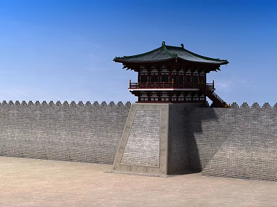Traditional Ancient Chinese Watchtower with Green Roof and Gray Brick City Wall Under Blue Sky 3d model