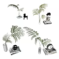 Elegant Decorative Vases With Green Fern Plants And Books Clock Figurine