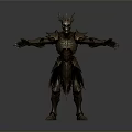 Man in Spiked Helmet and Ornate Dark Armor with Extended Arms