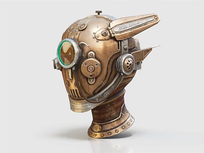 Vintage Brass Steampunk Helmet With Mechanical Gears Green Lens And Metal Base 3d model