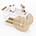 White Rolling Cart With Rattan Design Coffee Maker Cups And Pink Flowers