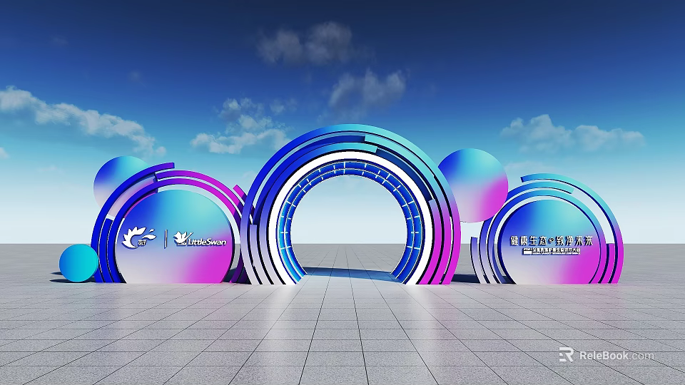 Modern Exhibition Installation With Colorful Circular Arches Blue Purple Gradient And Logo Elements 3d model 
