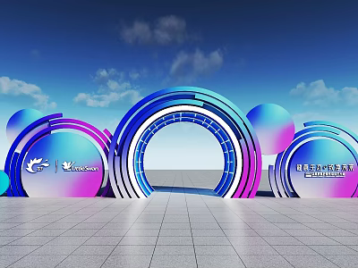 Modern Exhibition Installation With Colorful Circular Arches Blue Purple Gradient And Logo Elements 3d model