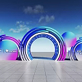 Modern Exhibition Installation With Colorful Circular Arches Blue Purple Gradient And Logo Elements
