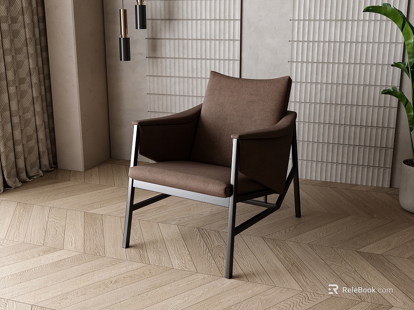 Modern Design Brown Leisure Chair with Metal Frame on Herringbone Wooden Floor and Indoor Plant 3d model 