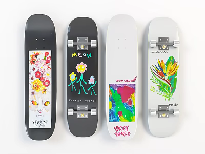Colorful Hand Painted Skateboards Featuring Various Artistic Patterns And Designs 3d model