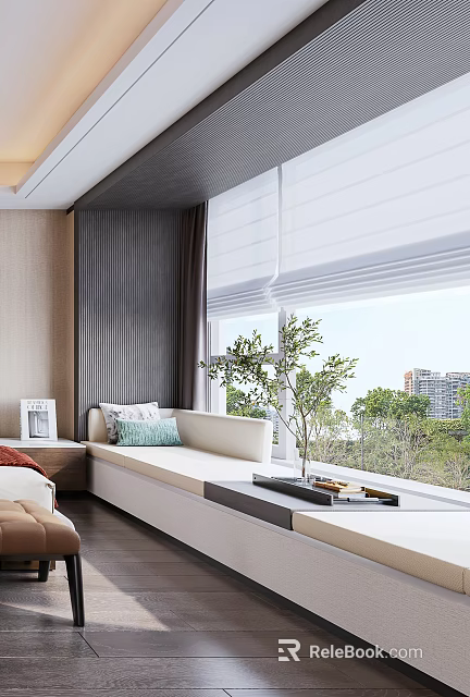 Cozy Indoor Window Seat Area With White Roller Blinds Green Plant And Trees View 3d model