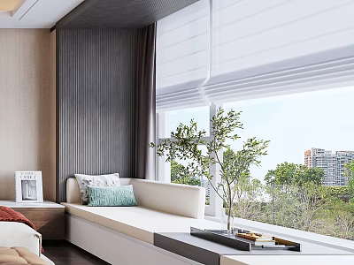 Cozy Indoor Window Seat Area With White Roller Blinds Green Plant And Trees View 3d model