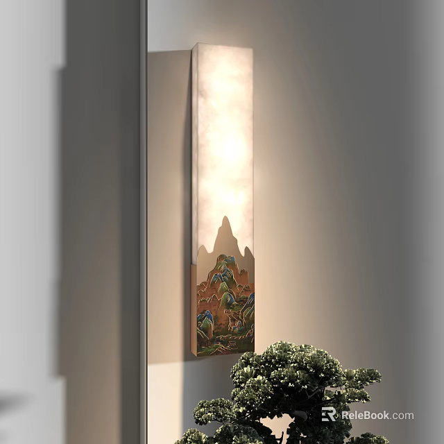 Artistic Wall Sconce With Colorful Floral Patterns And Warm Glow Near Green Foliage Decoration 3d model 