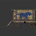Vintage Covered Wagon With Hand Painted Blue Animal Design And Wooden Structure