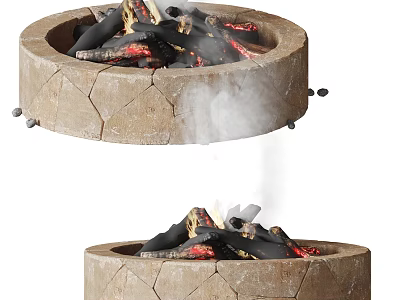 Cracked Stone Fire Pit Two Views With Burning Logs And Smoke 3d model