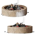 Cracked Stone Fire Pit Two Views With Burning Logs And Smoke