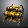 Golden Slot Machine With Skull Decorations And Mechanical Red Accents