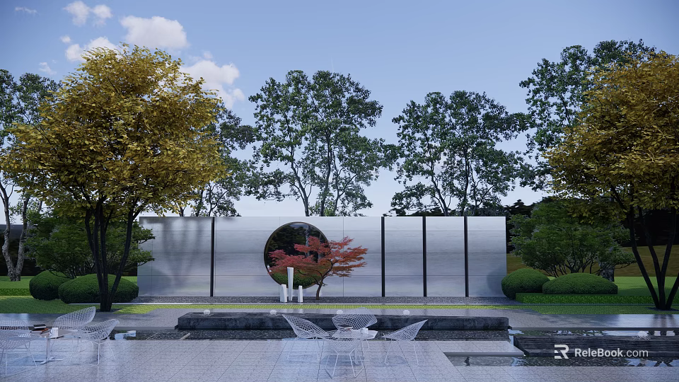 Contemporary Garden Wall With Circular Opening Red Maple Tree And Surrounding Greenery 3d model 