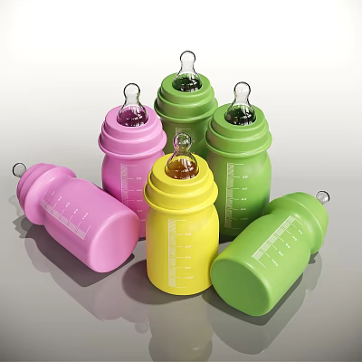 Colorful Baby Bottles With Measuring Scales For Daily Baby Care Essentials 3d model