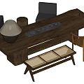 Modern Rustic Solid Wood Tea Table with Chairs Tea Set Linen Lamp and Woven Bench 3d model