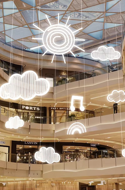 Mall Atrium Decorated With Hanging Sun Clouds Rainbows And Music Notes 3d model