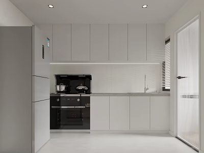 Modern Minimalist Kitchen Interior With White Cabinets Black Oven Countertop And Refrigerator 3d model