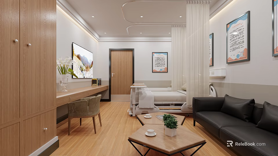 Modern Hospital Ward Interior With Wooden Furniture Bed Sofa Coffee Table And Wall Art 3d model 
