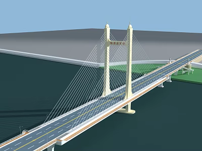 Cable Stayed Bridge with Twin Towers Spanning Water and Roadway Design Features 3d model