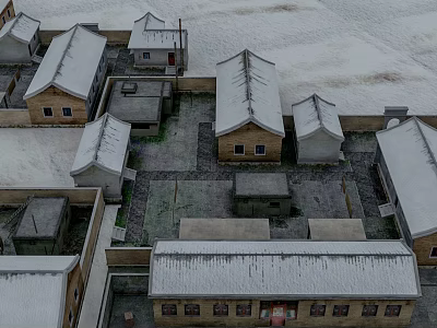Snowy Traditional Village Landscape with Snow Covered Roofs Old Houses and Walled Courtyards 3d model