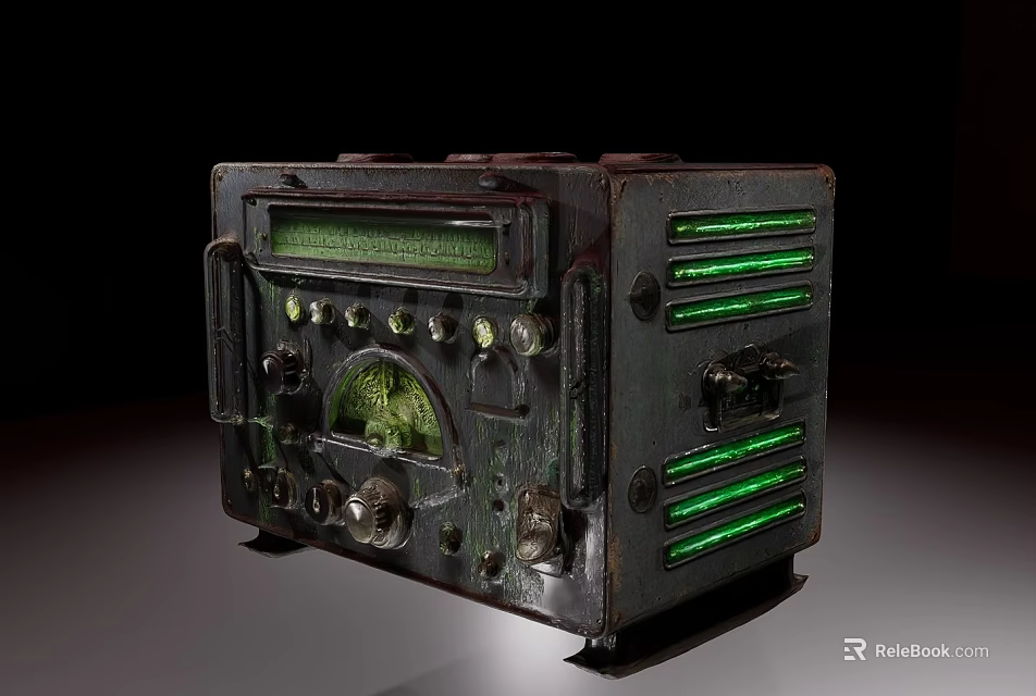 Vintage Retro Electrical Appliance Old Fashioned Radio With Green Indicator Lights And Knobs 3d model 