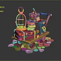 Colorful Assorted Vintage Luggage Stacked With Decorative Birdcage On Stone Path Trolley