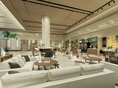 Elegant Modern Café Featuring Comfortable Sofa Seating Round Tables Green Plants And Warm Lighting 3d model