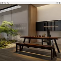 Modern Tea Room Interior With Wooden Long Table Stone Landscape Green Plants And Black Shelf