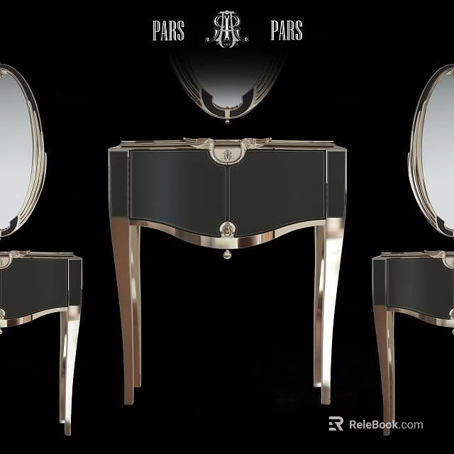 Elegant Black Console Table With Silver Metal Frame And Mirror Accent Design 3d model 