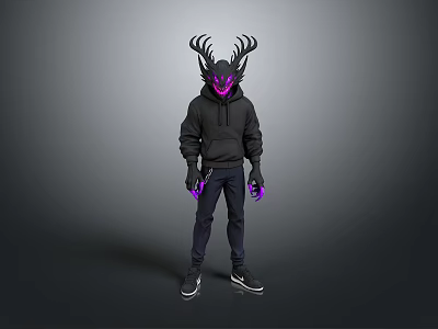 Stylish Character Wearing Black Hoodie Antlered Hood Purple Accents Chain Dark Pants Sneakers 3d model