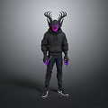 Stylish Character Wearing Black Hoodie Antlered Hood Purple Accents Chain Dark Pants Sneakers