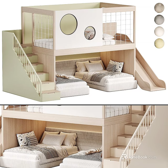 Kids Wooden Bunk Bed with Stairs Slide and Round Windows Soft Pillows and Comfortable Mattress 3d model 