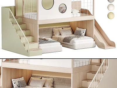 Kids Wooden Bunk Bed with Stairs Slide and Round Windows Soft Pillows and Comfortable Mattress 3d model