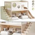 Kids Wooden Bunk Bed with Stairs Slide and Round Windows Soft Pillows and Comfortable Mattress